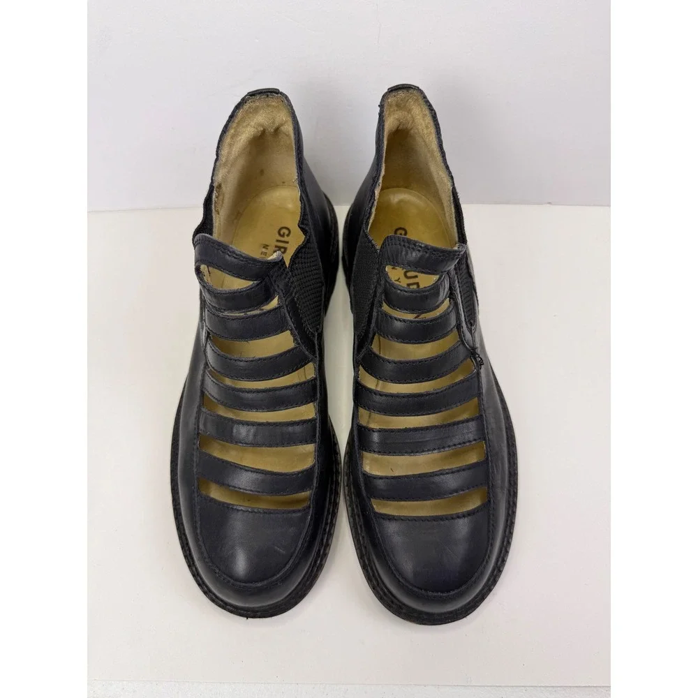 Giraudon New York Black Leather Cage Cutout Lug Sole Shoes Booties Round Toe